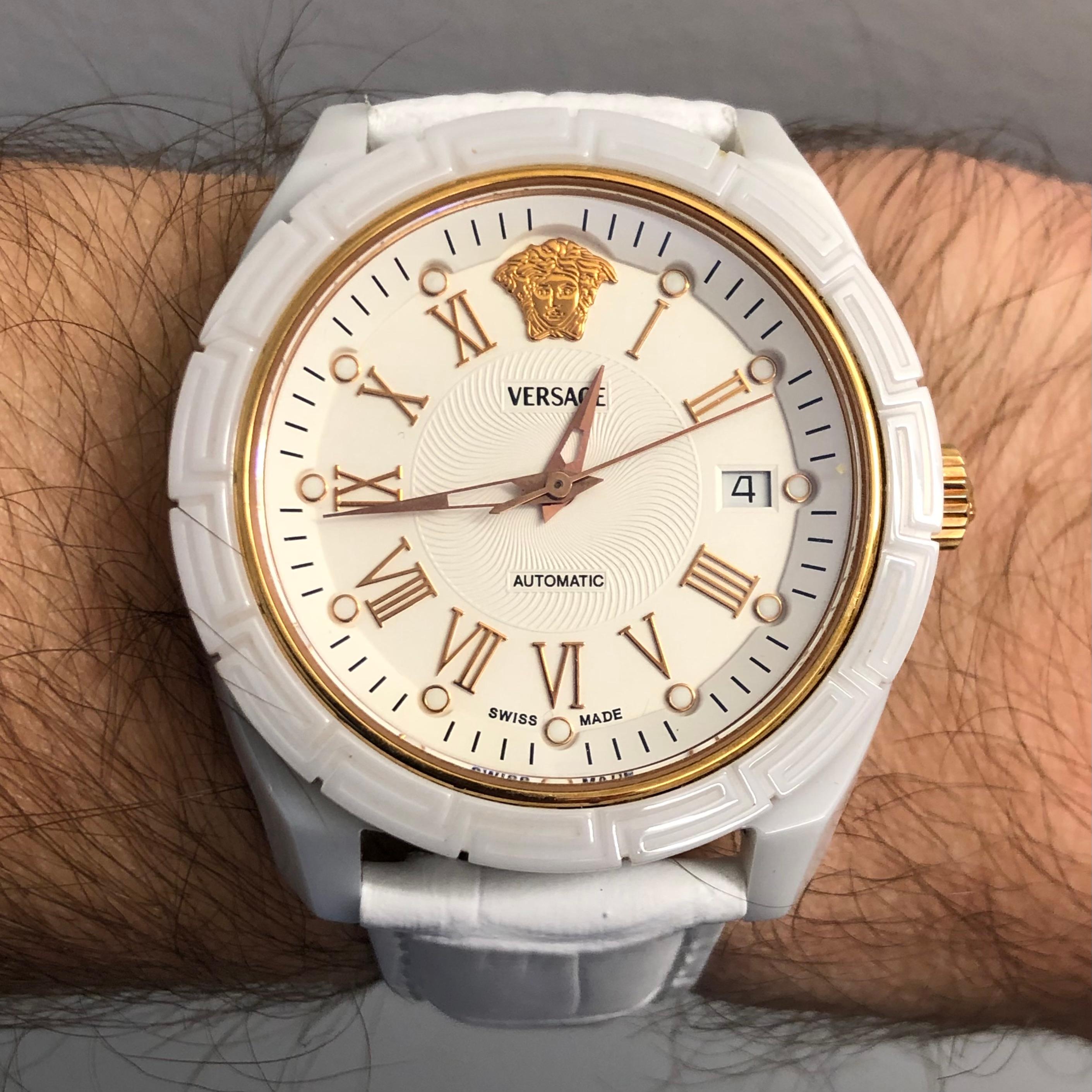 Opulent Men’s DV One Versace Automatic White Ceramic Watch.

This luxury timepiece by Versace’s case is fashioned in ceramic. The gold medusa head on the dial adds to its extravagance.

This watch retails online for $2,995.00 USD on Bloomingdales