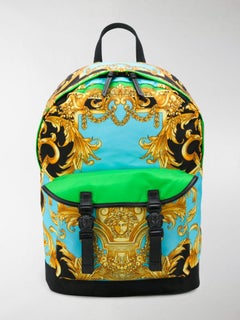 Versace Mens Green, Blue, Gold "Homme De Barocco" Print Medusa Buckle Backpack