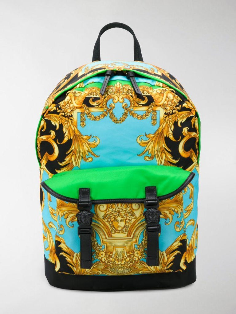 Versace Mens Green, Blue, Gold "Homme De Barocco" Print Medusa Buckle  Backpack at 1stDibs