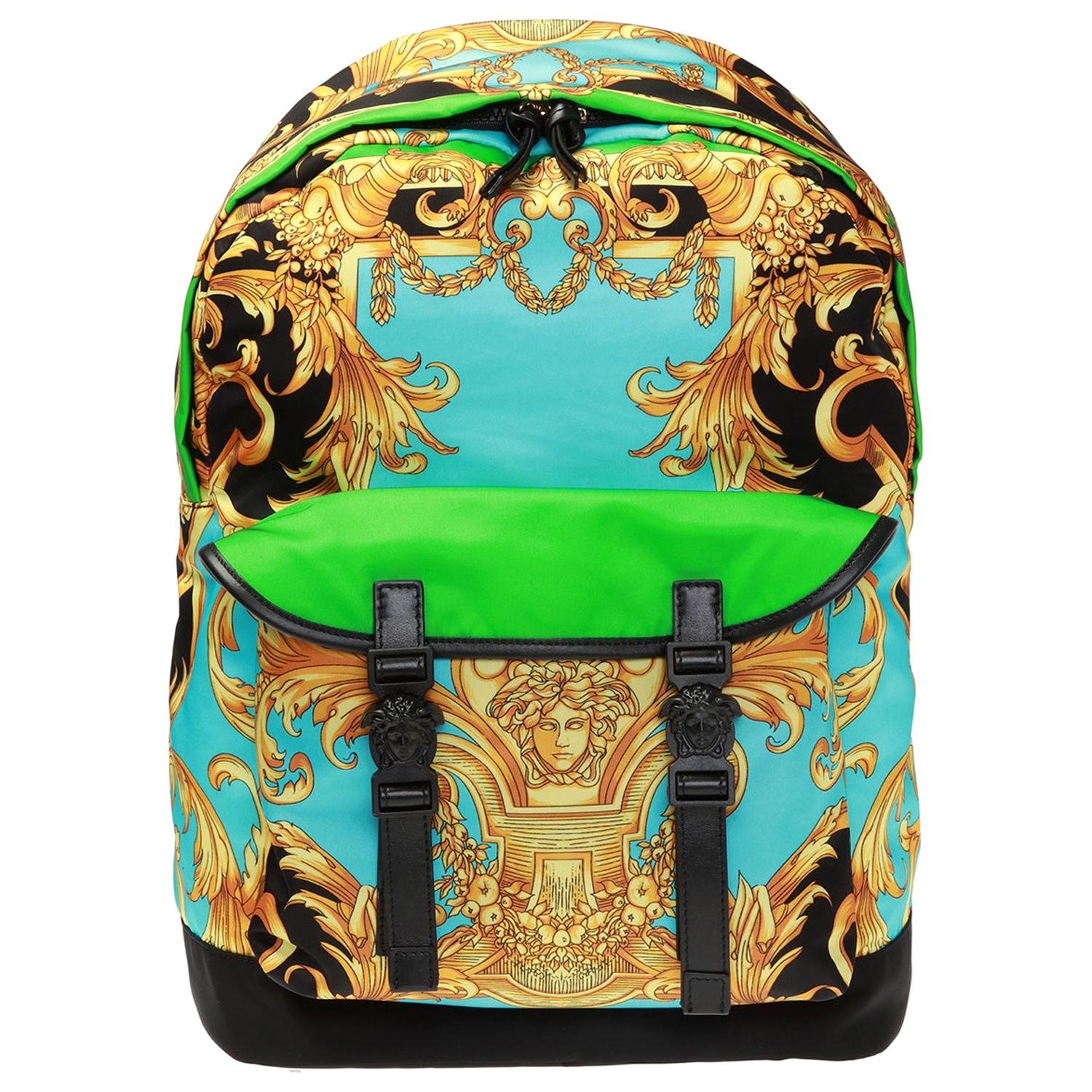 Versace Mens Green, Blue, Gold "Homme De Barocco" Print Medusa Buckle Backpack