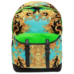 Versace Mens Green, Blue, Gold "Homme De Barocco" Print Medusa Buckle Backpack