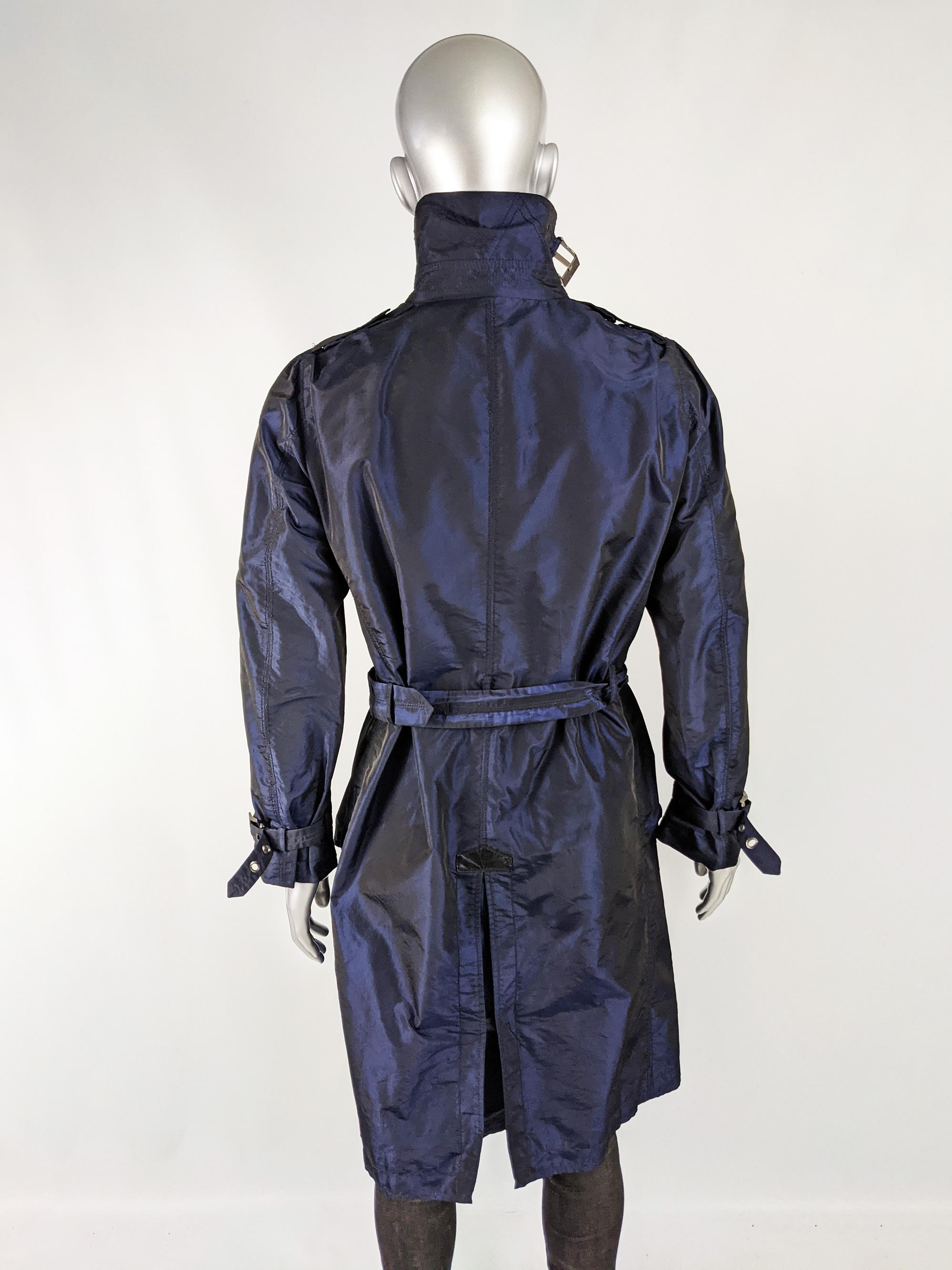 Versace Mens Iridescent Blue Taffeta Trench Coat In Good Condition In Doncaster, South Yorkshire