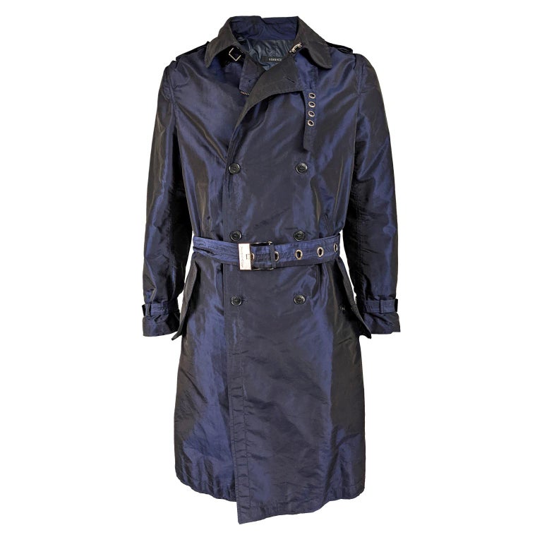 Versace Mens Iridescent Blue Taffeta Trench Coat For Sale at 1stDibs
