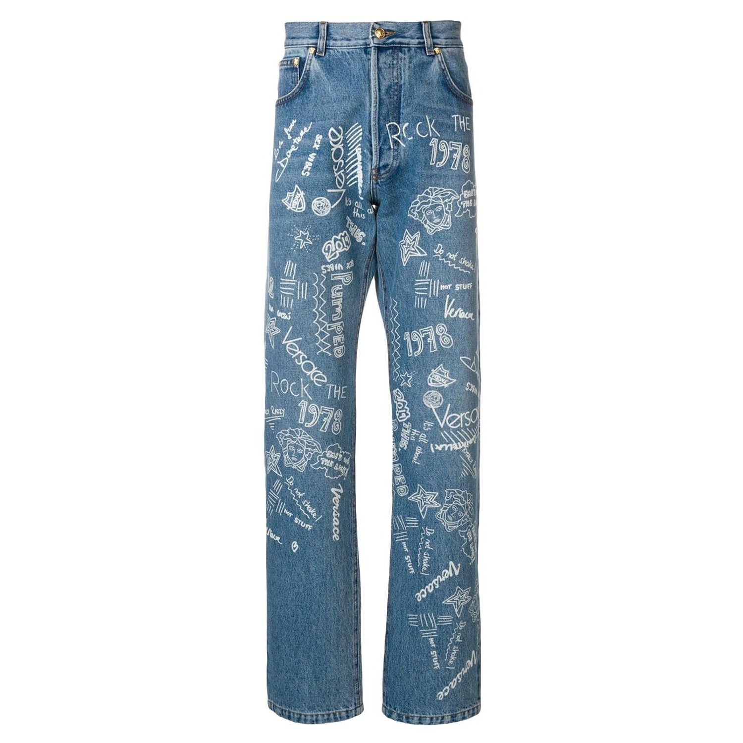 Versace Mens "Love From Donatella" Mid-Blue Doodle Graphic Mid Rise Jeans  SZ 32 For Sale at 1stDibs