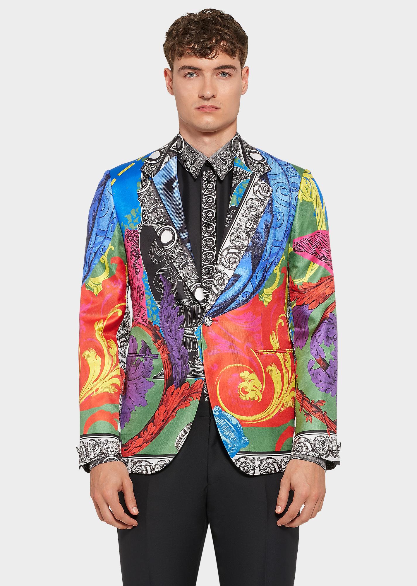 Pink Versace Mens Magna Grecia Multicolor Print Silk Dinner Jacket / Blazer Size 48 For Sale