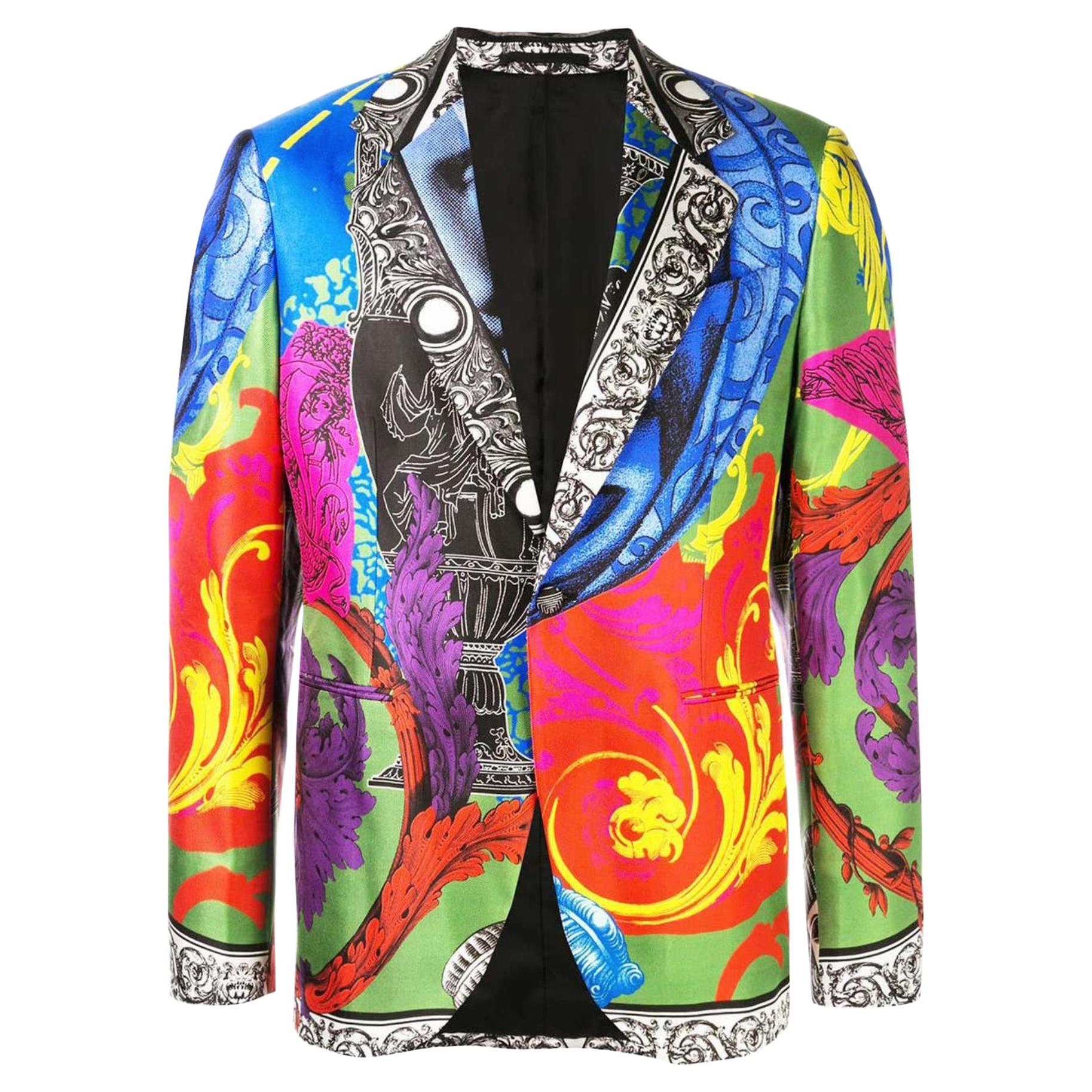 Versace Mens Magna Grecia Multicolor Print Silk Dinner Jacket / Blazer Size 48 For Sale