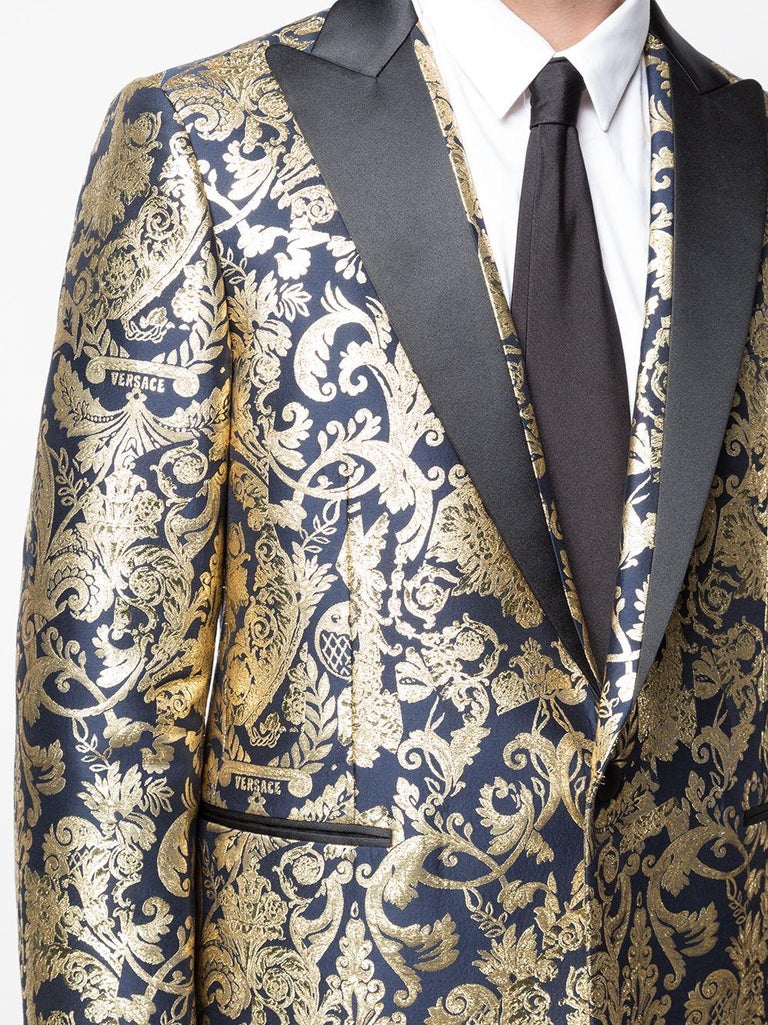 Versace Mens Navy Gold Metallic Barocco Brocade Blazer/ Dinner Jacket SZ 54  (IT) For Sale at 1stDibs