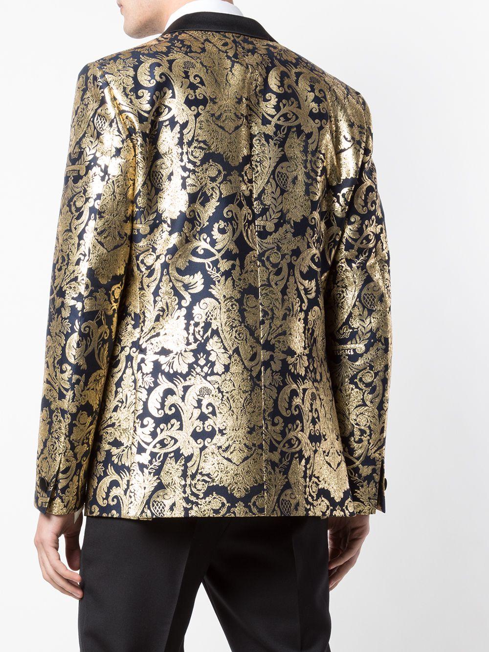 Noir Versace - Blazer/veste de soirée en brocart baroque métallisé or et bleu marine pour homme, taille 56 (IT) en vente