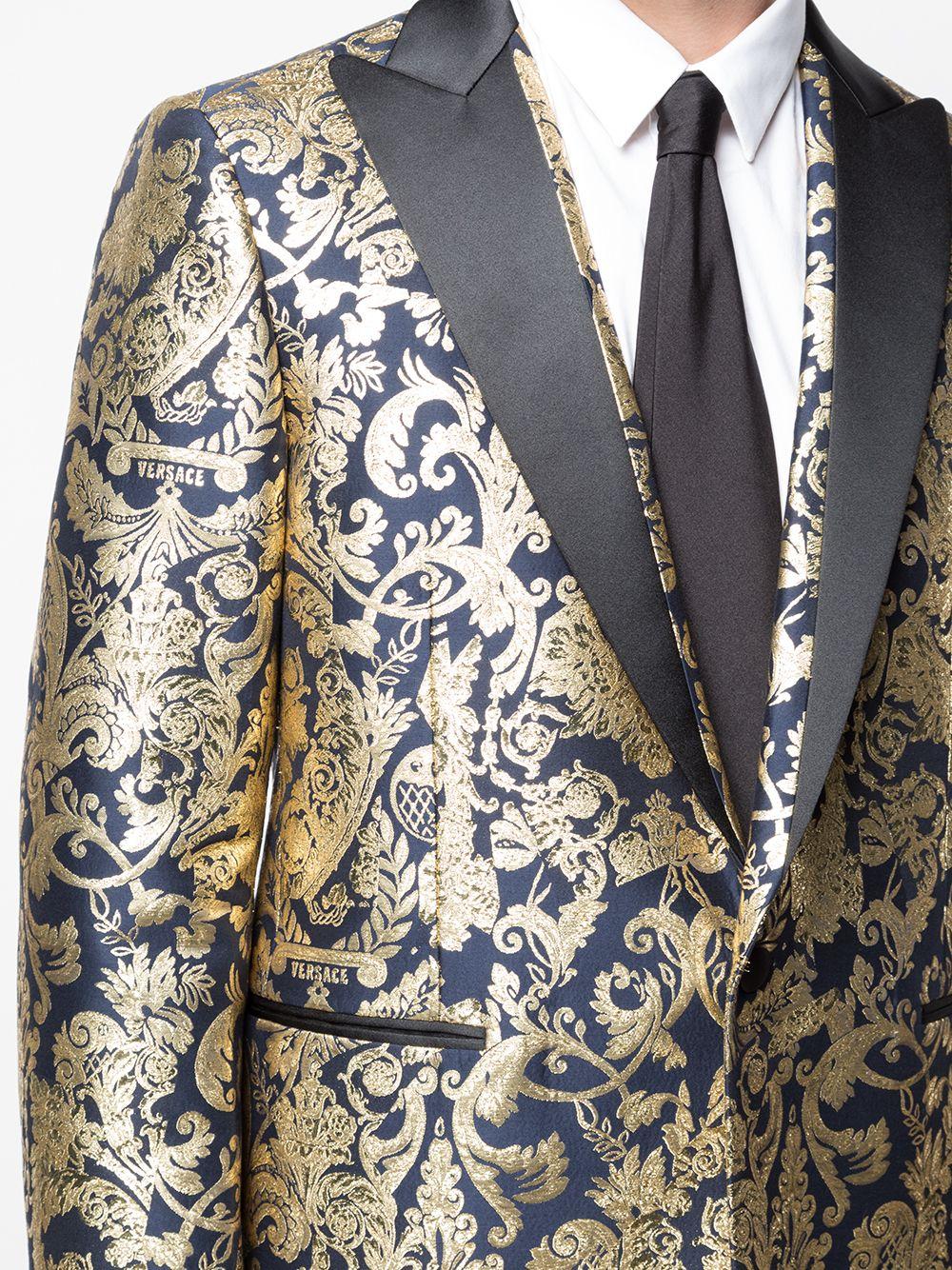 Versace - Blazer/veste de soirée en brocart baroque métallisé or et bleu marine pour homme, taille 56 (IT) Neuf - En vente à Paradise Island, BS