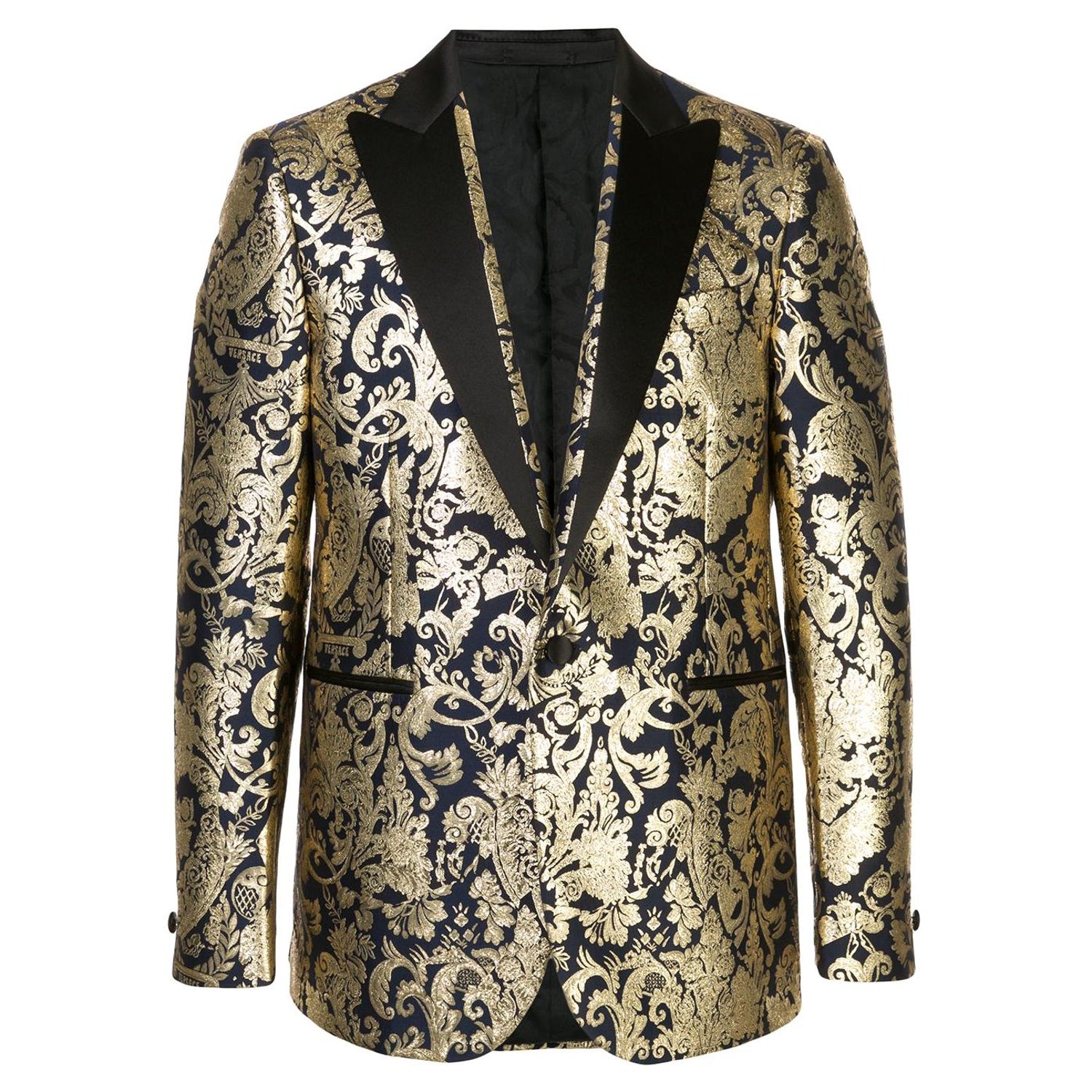 Versace Mens Navy Gold Metallic Barocco Brocade Blazer/ Dinner Jacket SZ 56  (IT) For Sale at 1stDibs