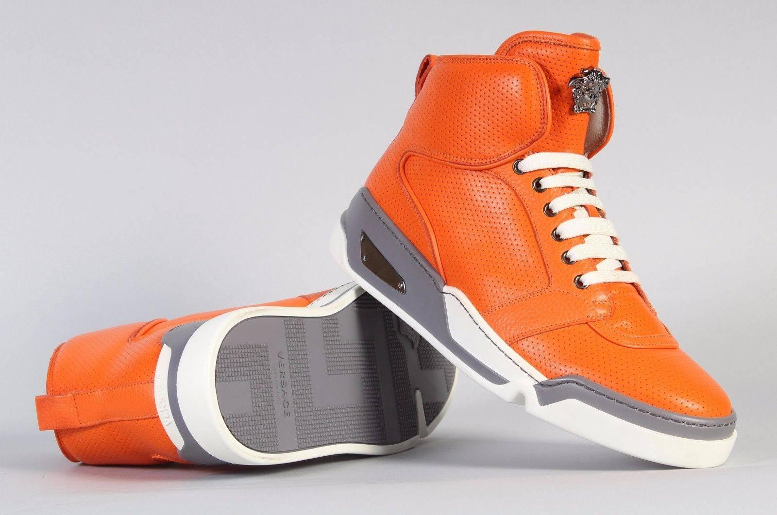 Versace Men's Orange Perforated Leather High-Top Sneakers  In New Condition For Sale In Montgomery, TX