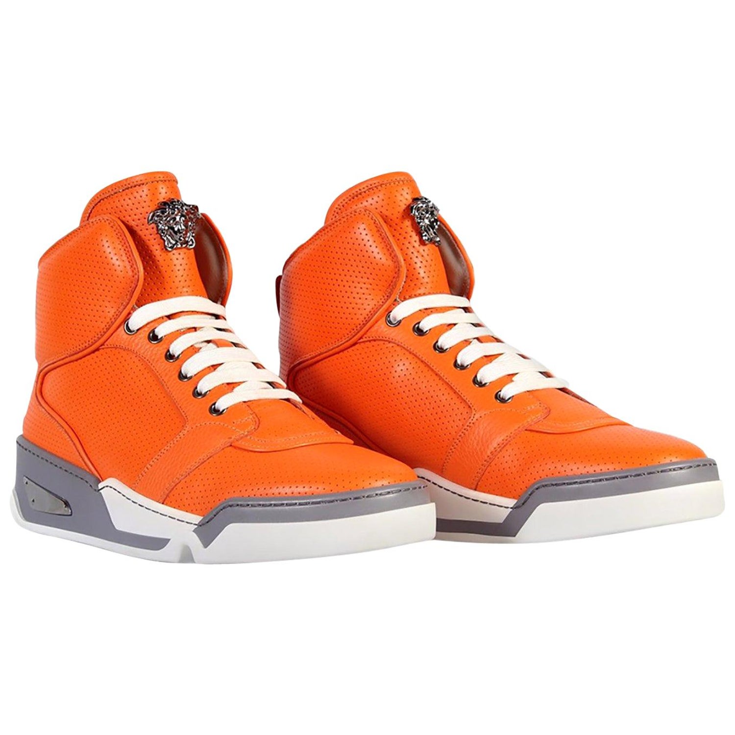 Versace Men's Orange Perforated Leather High-Top Sneakers sizes:  41,42,43,44,45 For Sale at 1stDibs