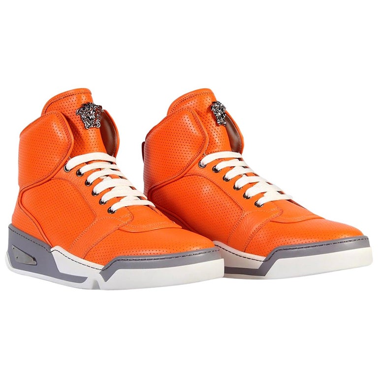 Versace Men's Orange Perforated Leather High-Top Sneakers sizes:  41,42,43,44,45 For Sale at 1stDibs | orange versace shoes