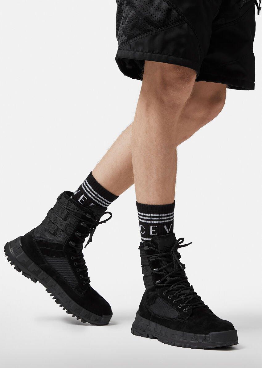 Versace Mens SS20 Black Mid-Calf Lace-Up Combat Boots / Sneakers Size 41 In New Condition In Paradise Island, BS