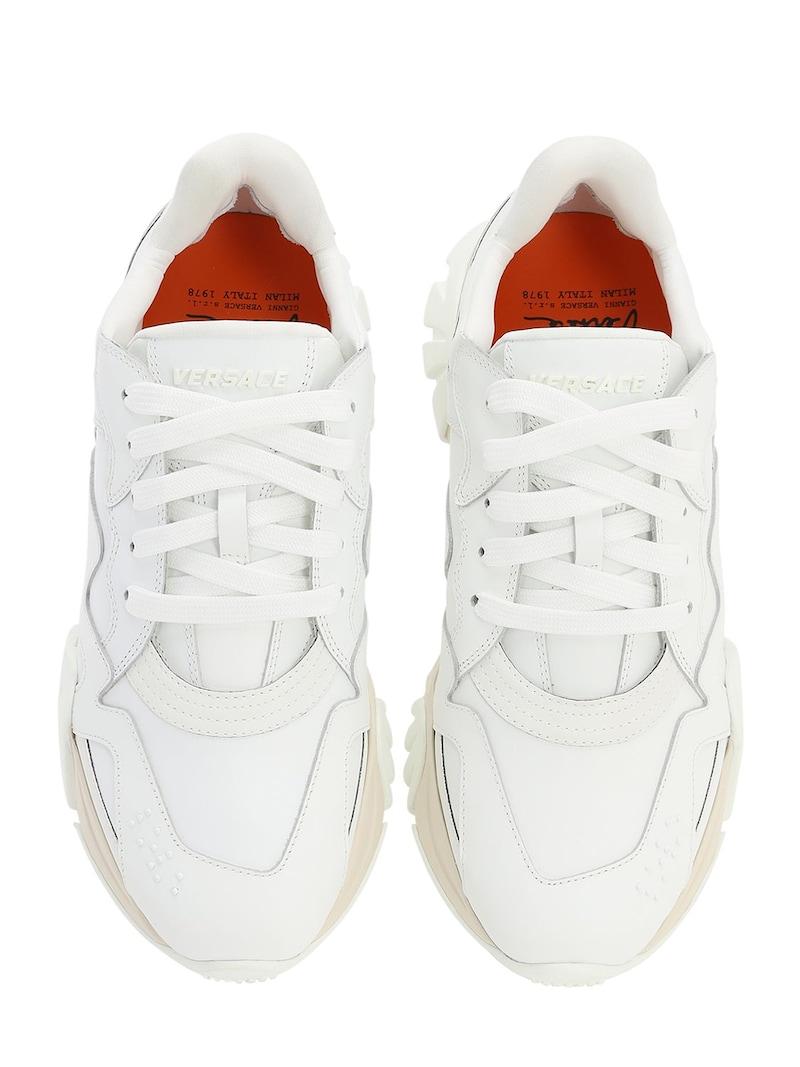 Versace Mens White and Beige Leather/Canvas Squalo Sneakers Size 43 In New Condition In Paradise Island, BS