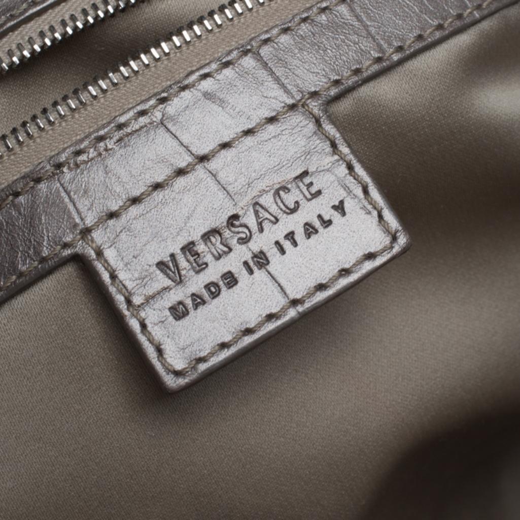 Versace Metallic Beige Signature Canvas and Leather Boston Bag In Good Condition In Dubai, Al Qouz 2