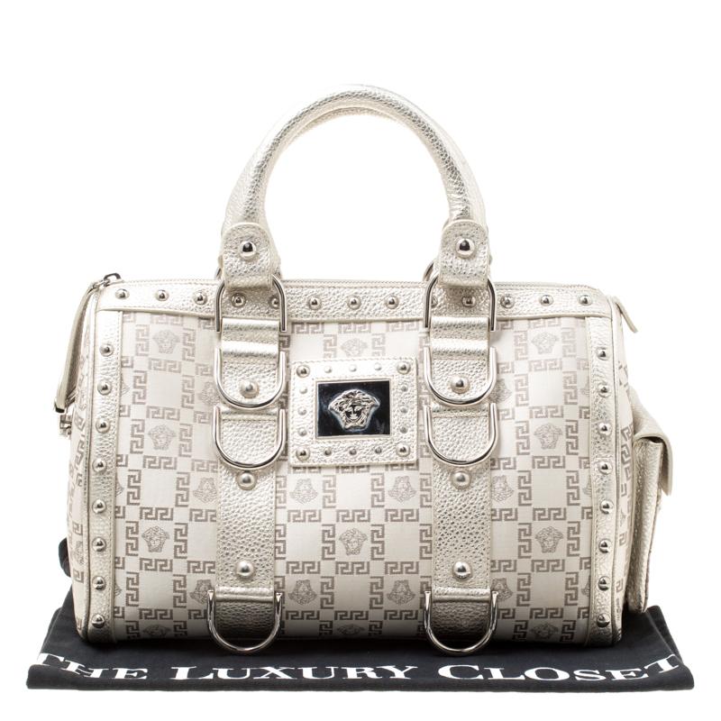 Versace Metallic Beige Signature Fabric and Leather Snap Out Of It Satchel 7