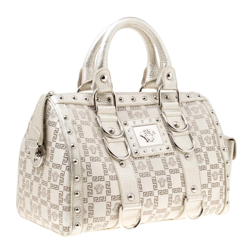 Versace Metallic Beige Signature Fabric and Leather Snap Out Of It Satchel In Good Condition In Dubai, Al Qouz 2