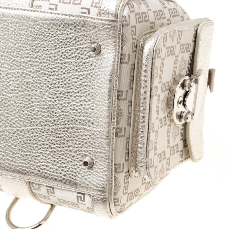Women's Versace Metallic Beige Signature Fabric and Leather Snap Out Of It Satchel