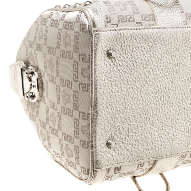 Versace Metallic Beige Signature Fabric and Leather Snap Out Of It Satchel 1