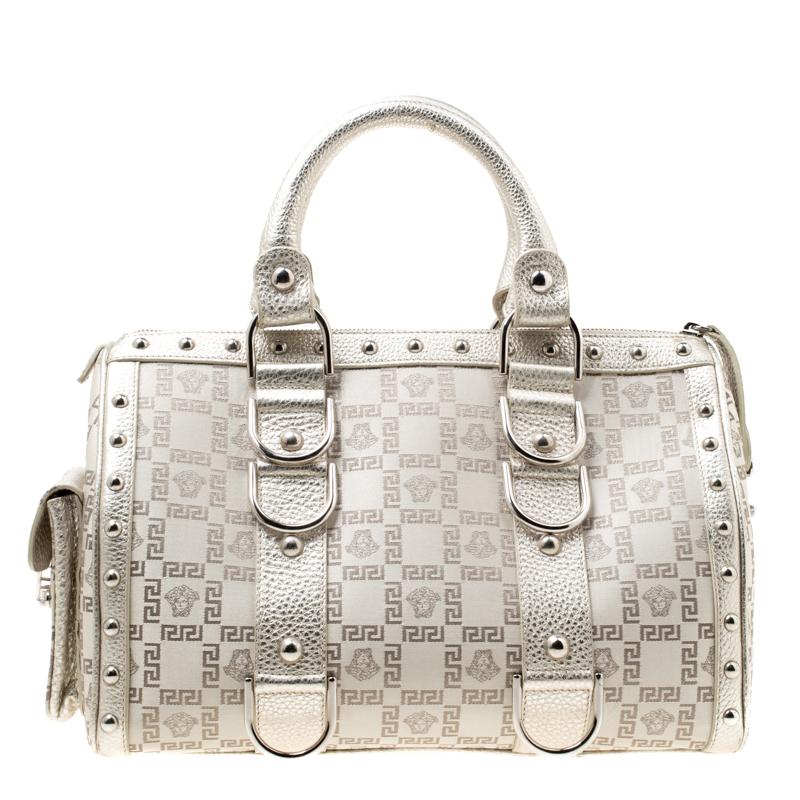 Versace Metallic Beige Signature Fabric and Leather Snap Out Of It Satchel 5