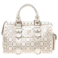 Versace Metallic Beige Signature Fabric and Leather Snap Out Of It Satchel