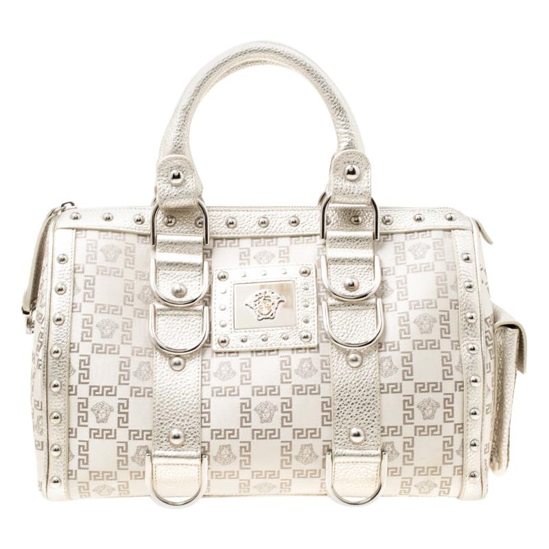 Versace Metallic Beige Signature Fabric and Leather Snap Out Of It Satchel
