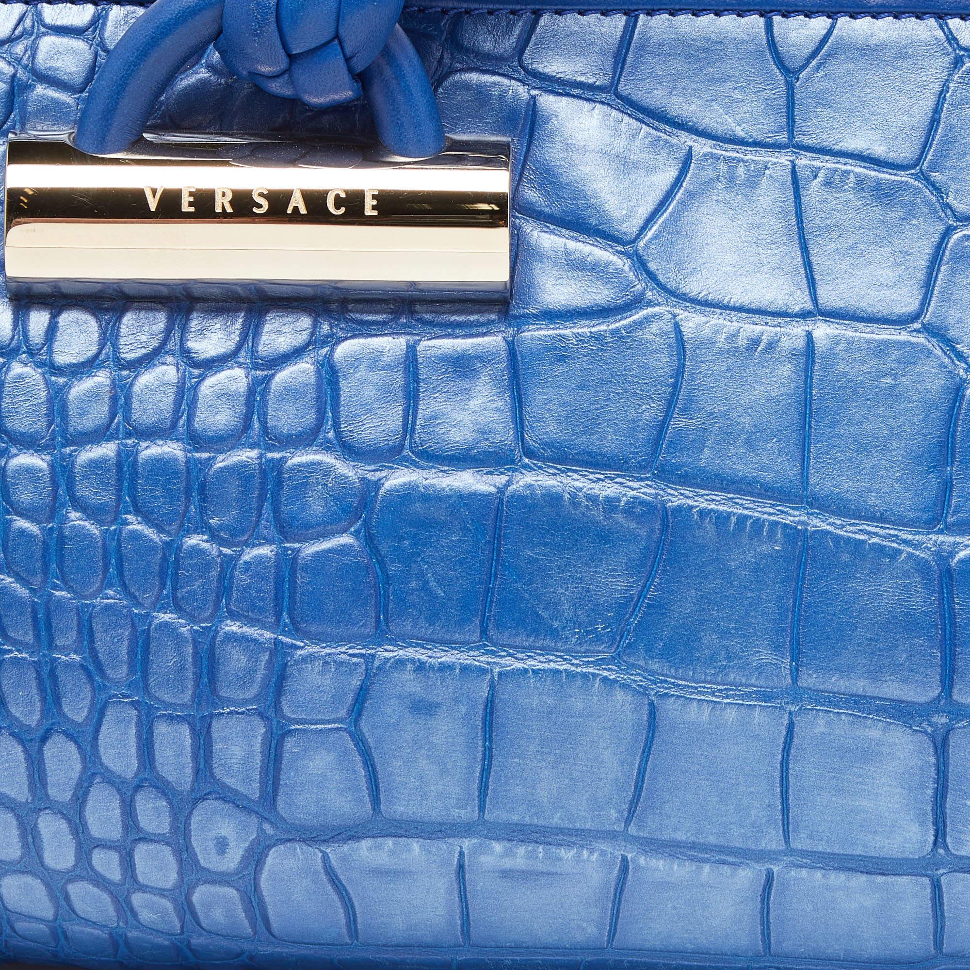 Versace Metallic Blue Croc Embossed Leather Frame Satchel In Good Condition In Dubai, Al Qouz 2