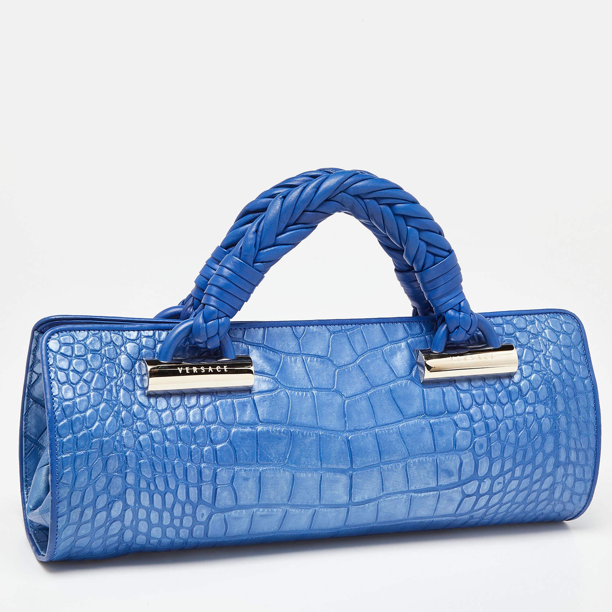 Women's Versace Metallic Blue Croc Embossed Leather Frame Satchel