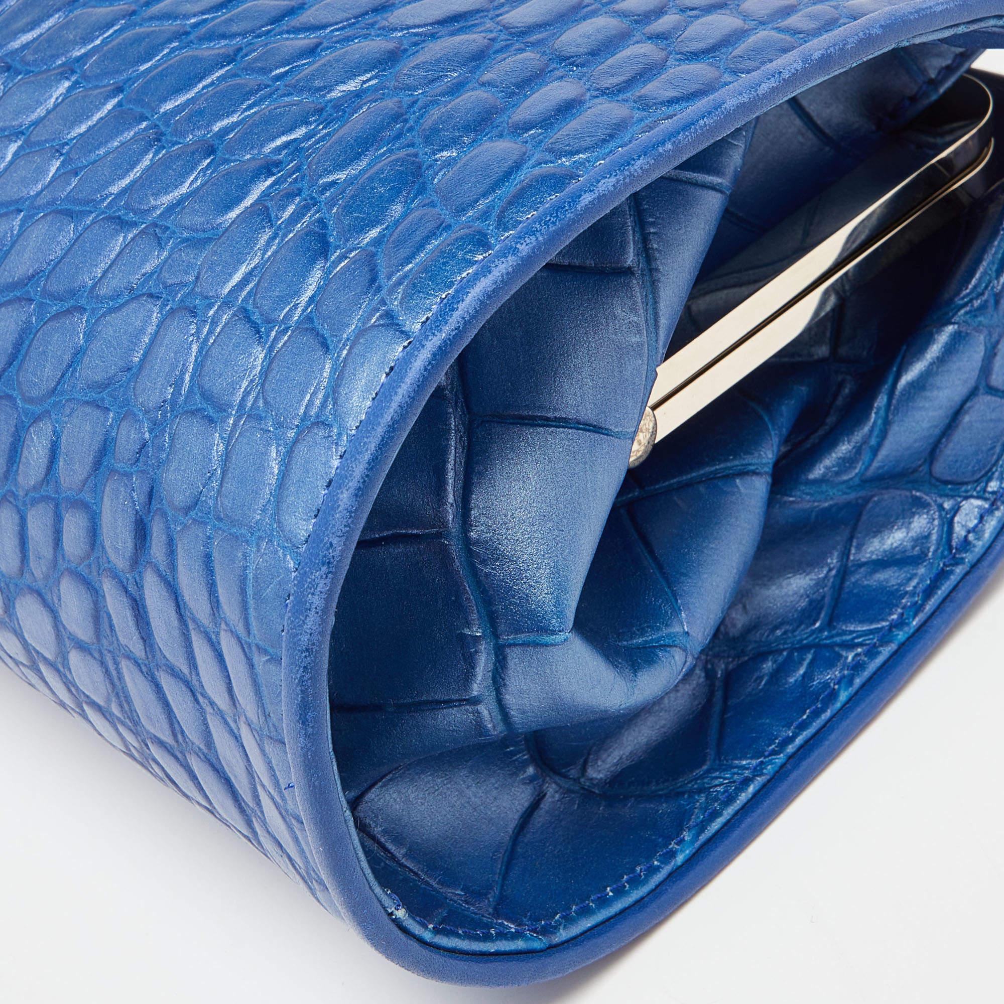 Versace Metallic Blue Croc Embossed Leather Frame Satchel 1