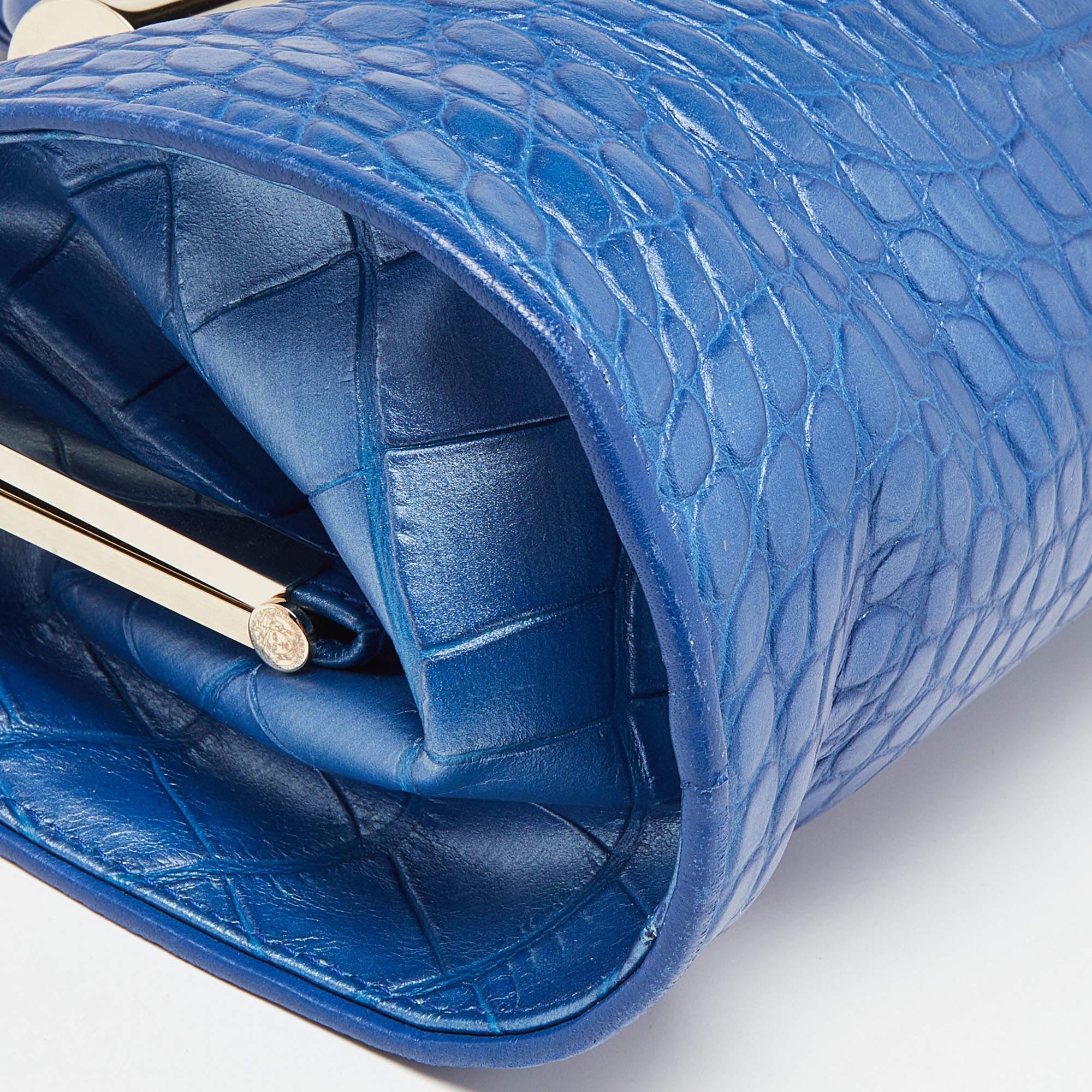 Versace Metallic Blue Croc Embossed Leather Frame Satchel 3