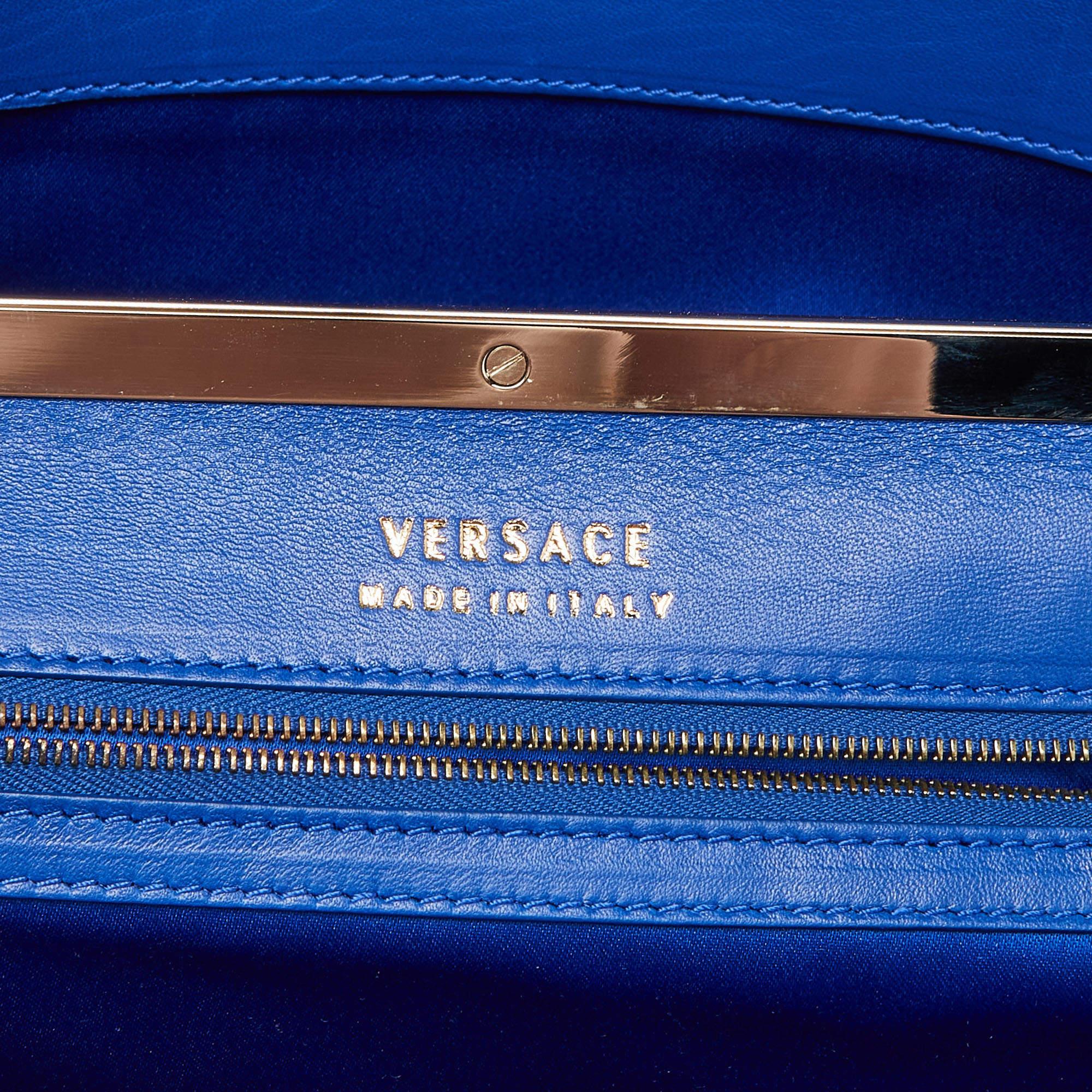 Versace Metallic Blue Croc Embossed Leather Frame Satchel 4