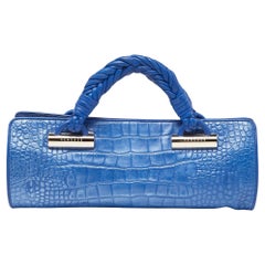 Versace Metallic Blaue Schultertasche mit Krokodillederprägung und Lederrahmen