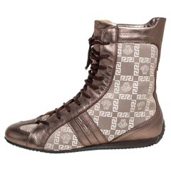 Versace Metallic Bronze Leather And Monogram Fabric High Top Sneakers Size 39