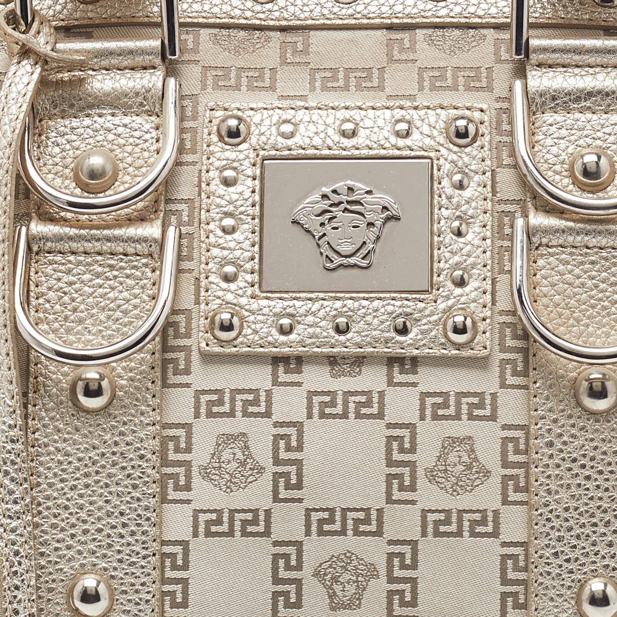 Versace Metallic Gold/Beige Signature Fabric and Leather Snap Out Of It Satchel 6