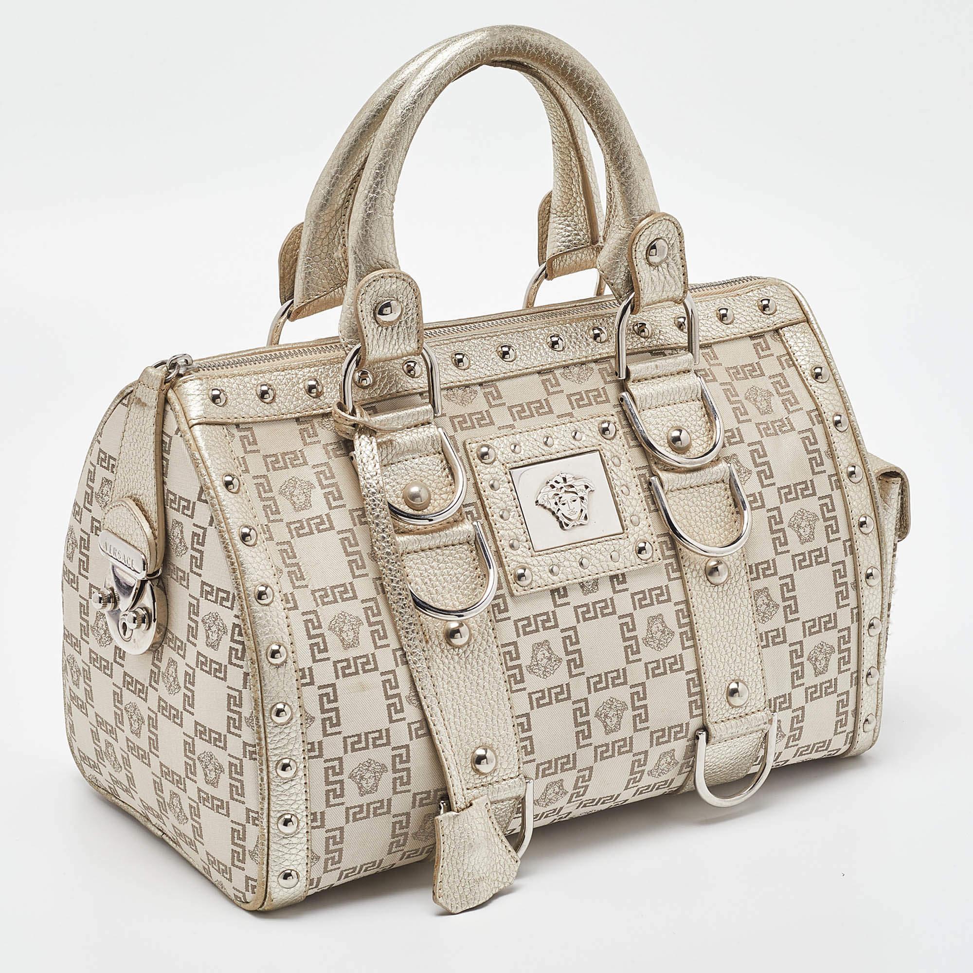 Women's Versace Metallic Gold/Beige Signature Fabric and Leather Snap Out Of It Satchel