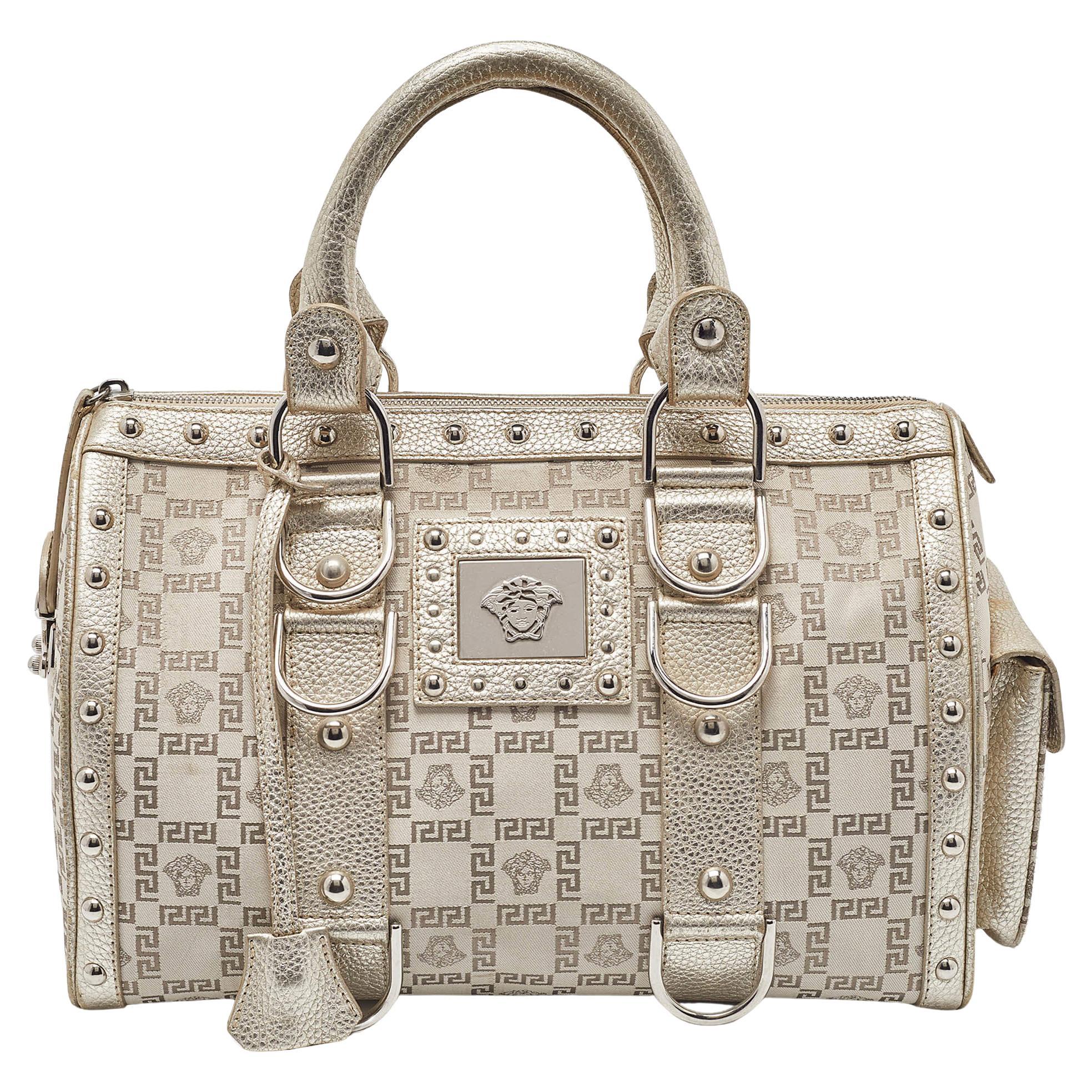 Versace Metallic Gold/Beige Signature Fabric and Leather Snap Out Of It Satchel