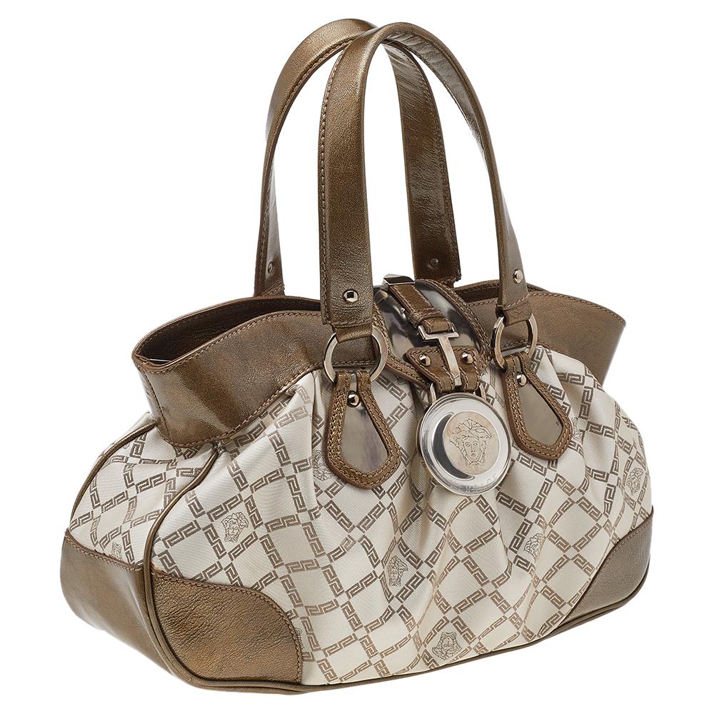 Borsa a tracolla in tela e pelle Versace oro metallizzato/crema Signature 4
