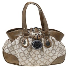 Versace Metallic Gold/Cream Signature Canvas And Leather Shoulder Bag