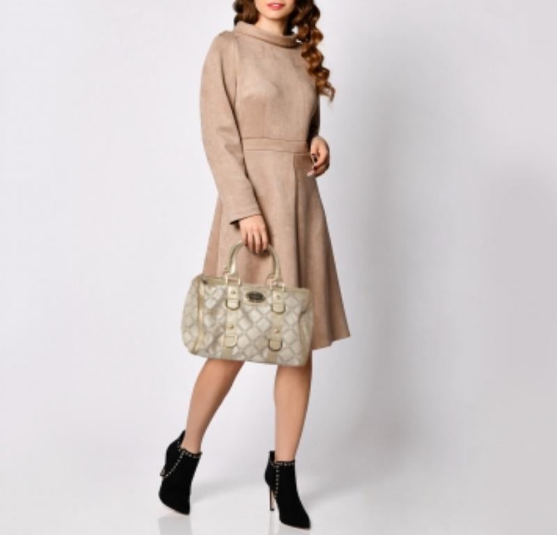 Brown Versace Metallic Gold/Cream Signature Canvas and Leather Snap Out Of It Satchel For Sale