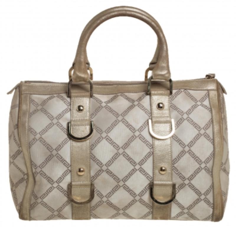 Versace Metallic Gold/Cream Signature Canvas and Leather Snap Out Of It Satchel In Fair Condition For Sale In Dubai, Al Qouz 2