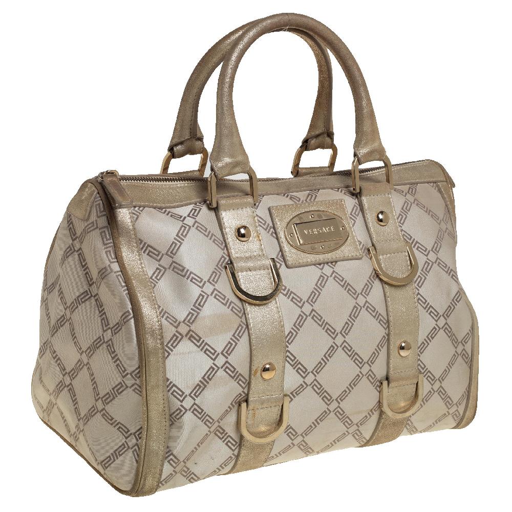 Beige Versace Metallic Gold/Cream Signature Canvas and Leather Snap Out Of It Satchel For Sale