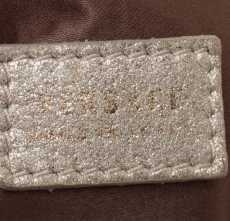 Women's Versace Metallic Gold/Cream Signature Canvas and Leather Snap Out Of It Satchel For Sale