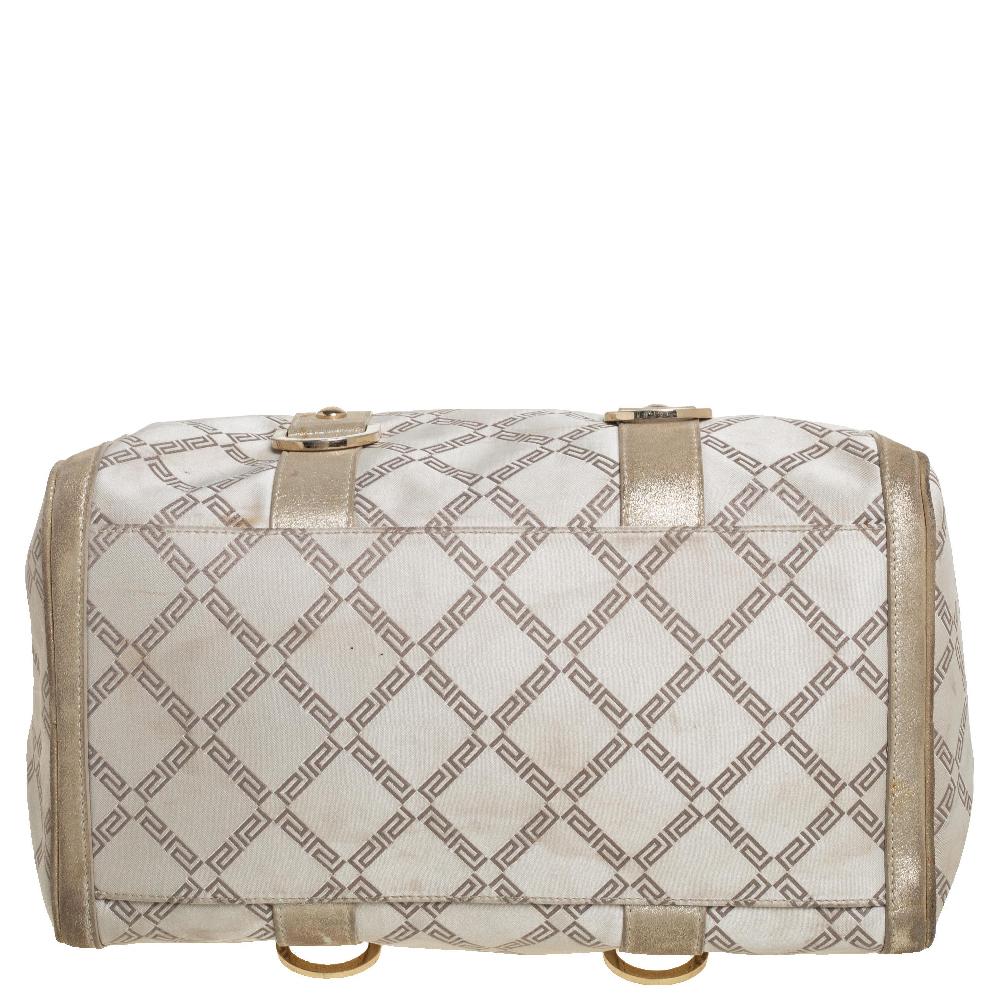 Women's Versace Metallic Gold/Cream Signature Canvas and Leather Snap Out Of It Satchel