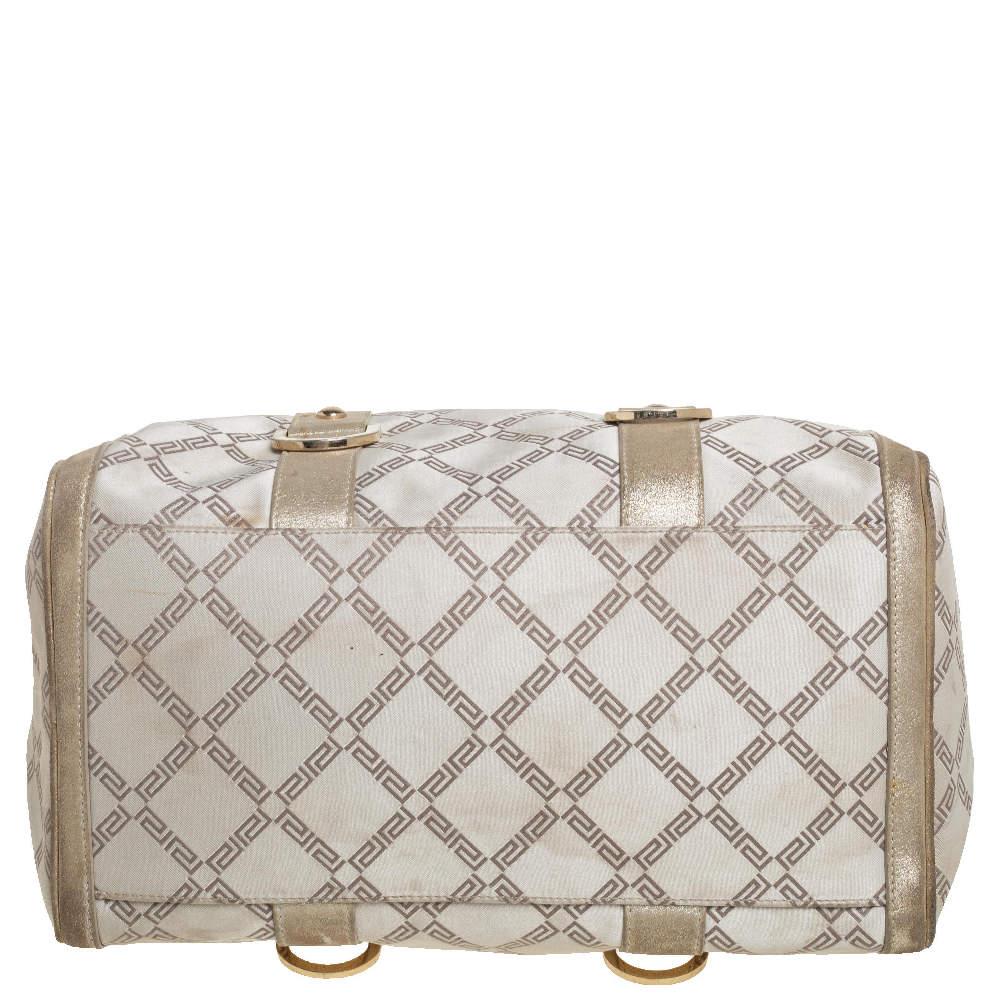 Women's Versace Metallic Gold/Cream Signature Canvas and Leather Snap Out Of It Satchel For Sale