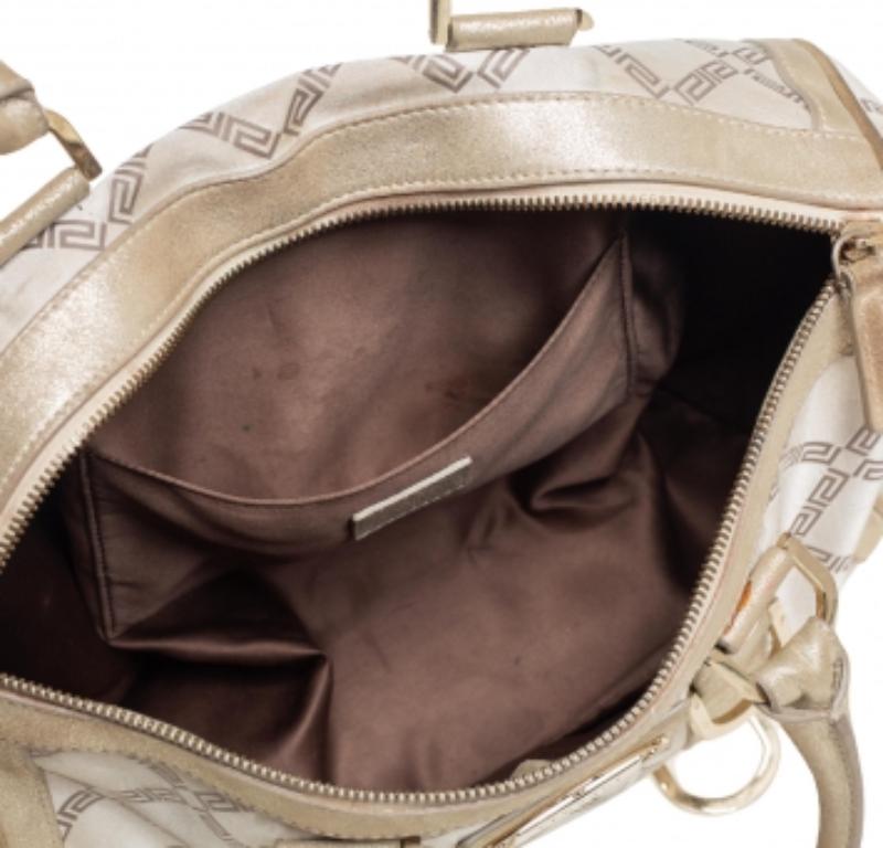 Versace Metallic Gold/Cream Signature Canvas and Leather Snap Out Of It Satchel For Sale 1