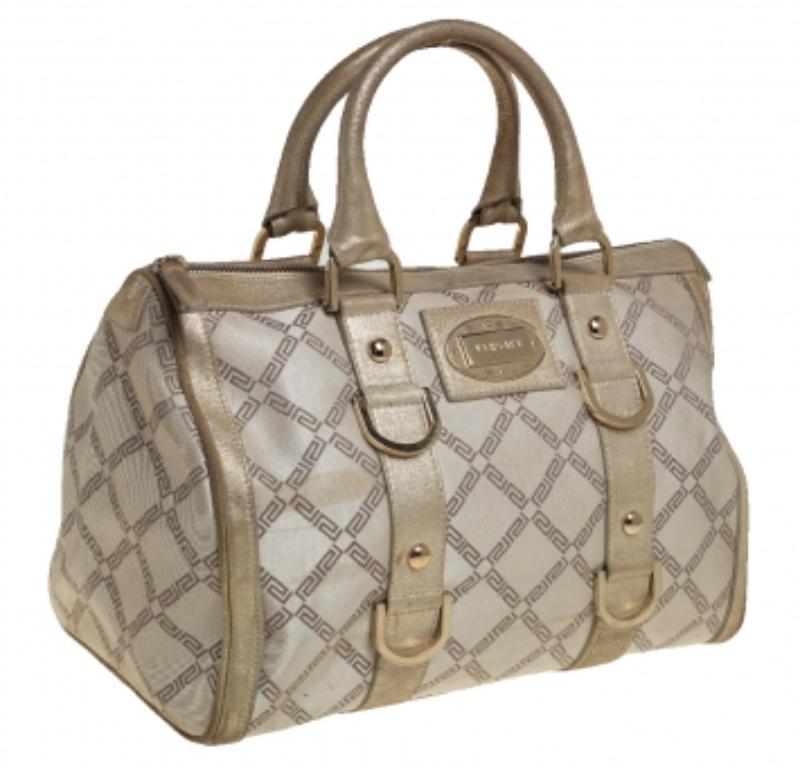 Versace Metallic Gold/Cream Signature Canvas and Leather Snap Out Of It Satchel For Sale 2