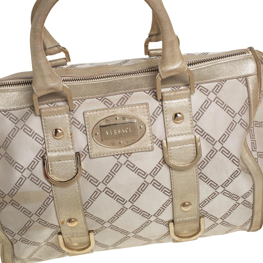 Versace Metallic Gold/Cream Signature Canvas and Leather Snap Out Of It Satchel For Sale 2