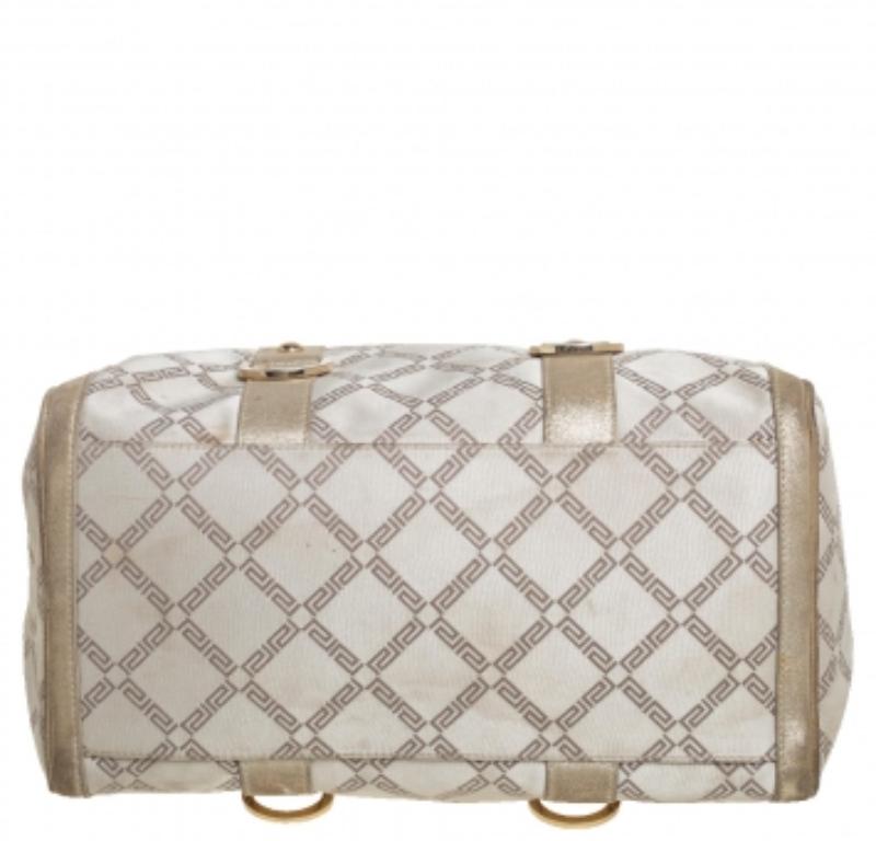 Versace Metallic Gold/Cream Signature Canvas and Leather Snap Out Of It Satchel For Sale 4