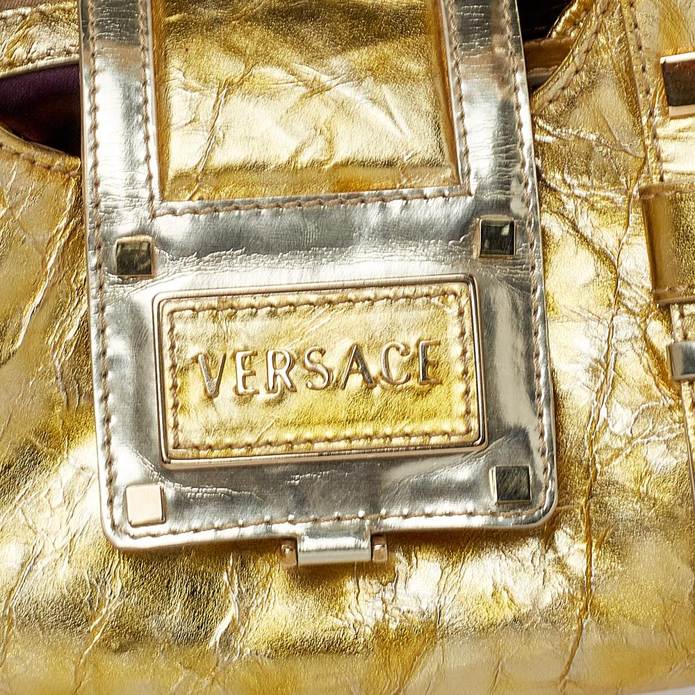 Versace Metallic Gold Crinkled Leather Satchel 6